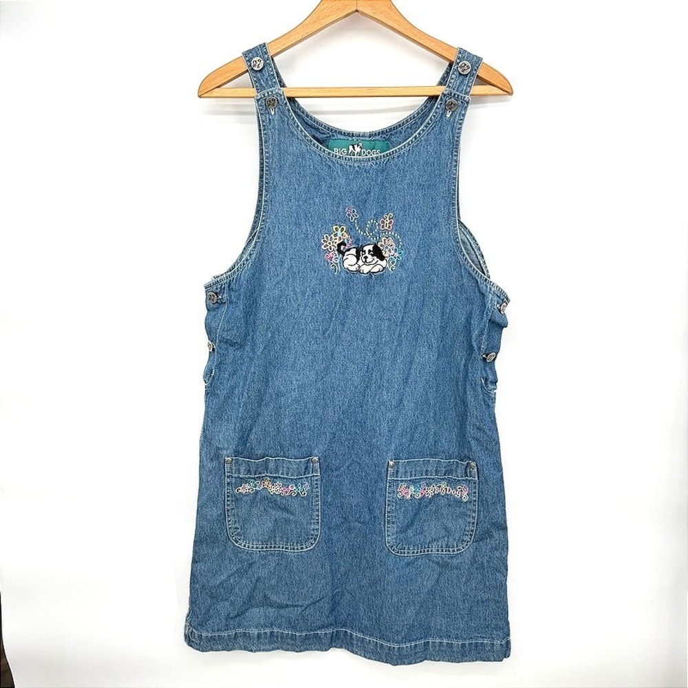 Big Dogs VTG Jumper Dress Denim Embroidered Floral Dog Retro Y2K Size Small